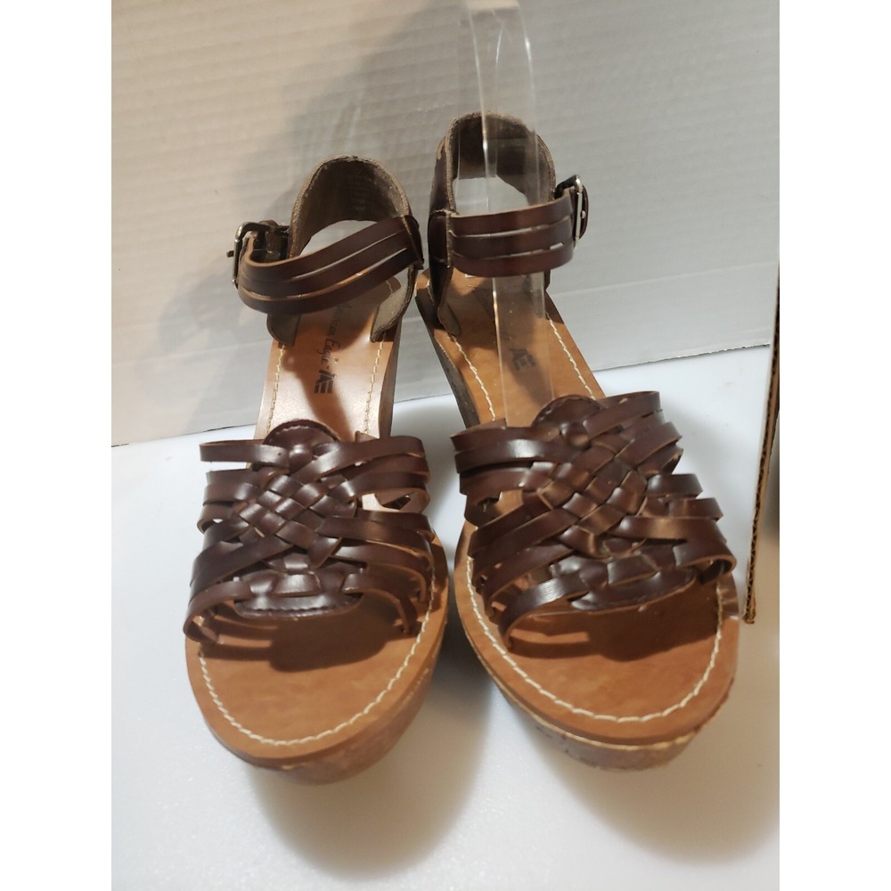 Women's Brown Strappy‎ American Eagle Wedge Sandals Platform Size 8
